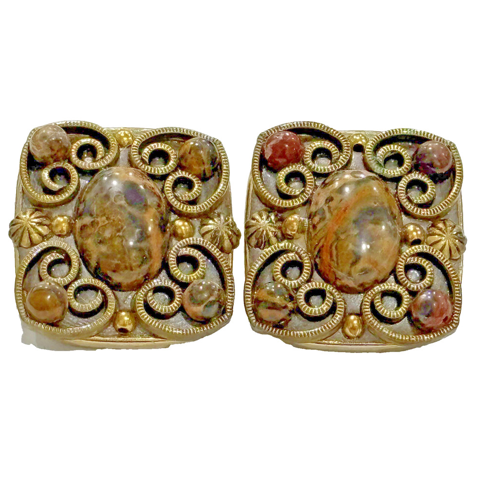 Michal Golan Clip On Earrings Silver & Brown Agate Ornate Etruscan Squares
